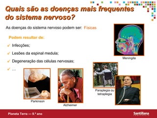 Quais são as doenças mais frequentes do sistema nervoso? As doenças do sistema nervoso podem ser: Físicas Podem resultar de: Planeta Terra — 9.º ano  Infecções;  Lesões da espinal medula;  Degeneração das células nervosas;  … Paraplegia ou tetraplegia Parkinson Alzheimer Meningite 