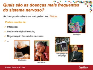 Infecções;Lesões da espinal medula;MeningiteDegeneração das células nervosas;…Paraplegia ou tetraplegiaParkinsonAlzheimerQuais são as doenças mais frequentes do sistema nervoso?As doenças do sistema nervoso podem ser:FísicasPodem resultar de:Planeta Terra — 9.º ano