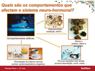 Hiperactividade, exaltação, delírio, …Afecta o cérebro, altera a percepção.Torna as reacções mais lentas, provoca desinibição, coma, morte, …Perturbação do sistema nervoso central, cardiorrespiratório e digestivo.Quais são os comportamentos que afectam o sistema neuro-hormonal?Comportamentos aditivos.Planeta Terra — 9.º ano