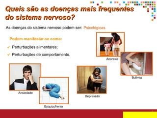 Quais são as doenças mais frequentes
do sistema nervoso?
As doenças do sistema nervoso podem ser: Psicológicas
Podem manifestar-se como:
 Perturbações alimentares;
 Perturbações de comportamento.
Anorexia

Bulimia

Ansiedade

Depressão
Esquizofrenia
voltar

 