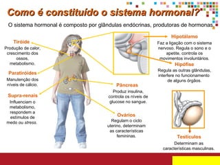 Como é constituído o sistema hormonal? O sistema hormonal é composto por glândulas endócrinas, produtoras de hormonas. Tiróide Produção de calor, crescimento dos ossos, metabolismo. Paratiróides Manutenção dos níveis de cálcio. Supra-renais Influenciam o metabolismo, respondem a estímulos de medo ou  stress .  Pâncreas Produz insulina, controla os níveis de glucose no sangue. Hipotálamo Faz a ligação com o sistema nervoso. Regula o sono e o apetite, controla os movimentos involuntários. Hipófise Regula as outras glândulas, interfere no funcionamento  de alguns órgãos. Ovários Regulam o ciclo uterino, determinam as características femininas. Testículos Determinam as características masculinas. 