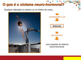 Qualquer alteração no exterior ou no interior do corpo… Estímulo uma resposta do sistema neuro-hormonal. O que é o sistema neuro-hormonal? corresponde a um que provoca 