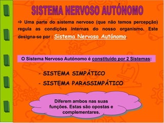  Uma parte do sistema nervoso (que não temos percepção)
regula as condições internas do nosso organismo. Este
designa-se por : Sistema Nervoso Autónomo.



 O Sistema Nervoso Autónomo é constituído por 2 Sistemas:


        - SISTEMA SIMPÁTICO
        - SISTEMA PARASSIMPÁTICO


               Diferem ambos nas suas
             funções. Estas são opostas e
                   complementares.
 