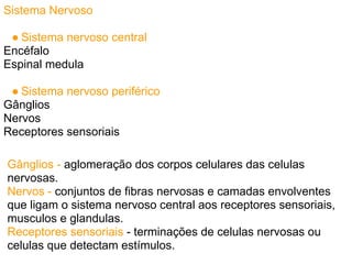 Sistema Nervoso

 ● Sistema nervoso central
Encéfalo
Espinal medula

 ● Sistema nervoso periférico
Gânglios
Nervos
Receptores sensoriais

Gânglios - aglomeração dos corpos celulares das celulas
nervosas.
Nervos - conjuntos de fibras nervosas e camadas envolventes
que ligam o sistema nervoso central aos receptores sensoriais,
musculos e glandulas.
Receptores sensoriais - terminações de celulas nervosas ou
celulas que detectam estímulos.
 
