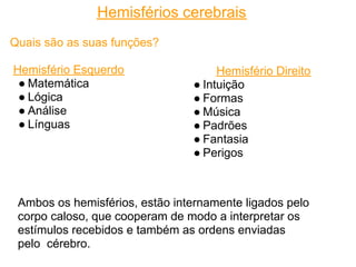 Hemisférios cerebrais
Quais são as suas funções?

Hemisfério Esquerdo                  Hemisfério Direito
 ● Matemática                   ● Intuição
 ● Lógica                       ● Formas
 ● Análise                      ● Música
 ● Línguas                      ● Padrões
                                ● Fantasia
                                ● Perigos



 Ambos os hemisférios, estão internamente ligados pelo
 corpo caloso, que cooperam de modo a interpretar os
 estímulos recebidos e também as ordens enviadas
 pelo cérebro.
 