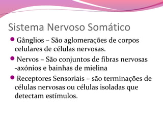 Sistema Nervoso Somático
Gânglios – São aglomerações de corpos
 celulares de células nervosas.
Nervos – São conjuntos de fibras nervosas
 -axónios e bainhas de mielina
Receptores Sensoriais – são terminações de
 células nervosas ou células isoladas que
 detectam estímulos.
 