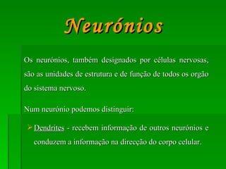 Os neurónios, também designados por células nervosas, são as unidades de estrutura e de função de todos os orgão do sistema nervoso. Num neurónio podemos distinguir: Dendrites  - recebem informação de outros neurónios e conduzem a informação na direcção do corpo celular. Neurónios 