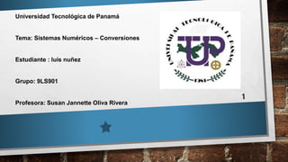 Universidad Tecnológica de Panamá
Tema: Sistemas Numéricos – Conversiones
Estudiante : luis nuñez
Grupo: 9LS901
Profesora: Susan Jannette Oliva Rivera
 