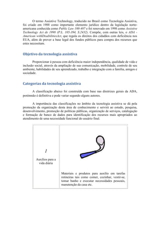 O termo Assistive Technology, traduzido no Brasil como Tecnologia Assistiva,
foi criado em 1988 como importante elemento jurídico dentro da legislação norte-
americana conhecida como Public Law 100-407 e foi renovado em 1998 como Assistive
Technology Act de 1998 (P.L. 105-394, S.2432). Compõe, com outras leis, o ADA -
American withDisabilitiesAct, que regula os direitos dos cidadãos com deficiência nos
EUA, além de prover a base legal dos fundos públicos para compra dos recursos que
estes necessitam.


Objetivo da tecnologia assistiva
       Proporcionar à pessoa com deficiência maior independência, qualidade de vida e
inclusão social, através da ampliação de sua comunicação, mobilidade, controle de seu
ambiente, habilidades de seu aprendizado, trabalho e integração com a família, amigos e
sociedade.


Categorias da tecnologia assistiva

      A classificação abaixo foi construída com base nas diretrizes gerais da ADA,
porémnão é definitiva e pode variar segundo alguns autores.

       A importância das classificações no âmbito da tecnologia assistiva se dá pela
promoção da organização desta área de conhecimento e servirá ao estudo, pesquisa,
desenvolvimento, promoção de políticas públicas, organização de serviços, catalogação
e formação de banco de dados para identificação dos recursos mais apropriados ao
atendimento de uma necessidade funcional do usuário final.




                1
          Auxílios para a
           vida diária


                             Materiais e produtos para auxílio em tarefas
                             rotineiras tais como comer, cozinhar, vestir-se,
                             tomar banho e executar necessidades pessoais,
                             manutenção da casa etc.
 