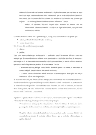 O único órgão que não está presente no homem é o órgão vómeronasal, que está junto ao septo
nasal. Este órgão vómeronasal dá um nervo vomeronasal, que vai ter ao bolbo olfactivo acessório.
Este sistema, que é o sistema olfactivo acessório está presente no feto humano, mas, pensa-se que
degenera ... no máximo podemos considerar que ele é rudimentar. Ou seja:
Embora as estruturas olfactivas estejam todas presentes no homem, elas são
rudimentares. Podemos considerar a excepção do órgão vomeronasal, que pode estar
ausente no ser humano.
O sistema olfactivo é voltado para a quimiorecepção, ou seja, detecção de moléculas. Reparem que:
 o tacto, a vibração detectam vibrações mecânicas;
 a visão detecta fotões;
Nós só temos dois sentidos de quimiorecepção:
 olfacto;
 paladar.
Estes estão muito voltados para a alimentação ... moléculas, certo? Do sistema olfactivo, temos um
principal que detecta moléculas do ambiente e de outras espécies, moléculas odoríferas do ambiente e
outras espécies. E se nós considerarmos a existência do órgão vomeronasal, o sistema olfactivo acessório,
que detecta moléculas produzidas por seres da mesma espécie. Ou seja:
- No sistema olfactivo principal detectamos o aroma das plantas, da comida, o mau cheiro da
comida estragada (função essencial nos animais inferiores);
- O sistema olfactivo secundário detecta moléculas da mesma espécie. Serve para uma função
intraespécie voltada para a reprodução.
Às moléculas detectadas pelo sistema olfactivo principal, nós vamos chamar-lhes de moléculas odoríferas, e
as moléculas da mesma espécie detectadas pelo sistema olfactivo acessório vamos chama-las ferohormonas.
As ferohormonas estão presentes em quantidades muito reduzidas, tais como as hormonas, mas têm um
efeito muito potente. Os seres inferiores têm o sistema olfactivo acessório bem desenvolvido, mas nos
humanos ainda é controversa a sua existência.
Aqui temos o epitélio olfactivo. Tal como vos disse à pouco, estes neurónios estão expostos a um ambiente
externo directamente, logo, têm de possuir mecanismos de protecção:
1º mecanismo de protecção) eles estão presentes a 7 cm de distância da narina, no recesso
postosuperior das fossas nasais, bem profundos para estarem protegidos dos agentes agressores.
O epitélio olfactivo está então localizado no tecto da cavidade nasal e o sistema olfactivo está
especializado na detecção de moléculas voláteis. Como é que as moléculas voláteis chegam ao
epitélio olfactivo?
 
