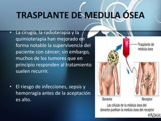 TRASPLANTE DE MEDULA ÓSEA
• La cirugía, la radioterapia y la
quimioterapia han mejorado en
forma notable la supervivencia del
paciente con cáncer; sin embargo,
muchos de los tumores que en
principio responden al tratamiento
suelen recurrir.
• El riesgo de infecciones, sepsis y
hemorragia antes de la aceptación
es alto.
 