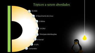 Tópicos a serem abordados
O Nascimento do Linux
Principais distribuições
O Minix
O Kernel
O GNU
O GPL
O UNIX
Comandos
 