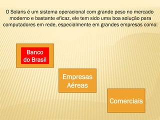 Empresas
Aéreas
Comerciais
Banco
do Brasil
O Solaris é um sistema operacional com grande peso no mercado
moderno e bastante eficaz, ele tem sido uma boa solução para
computadores em rede, especialmente em grandes empresas como:
 