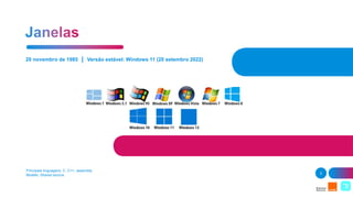 20 novembro de 1985 | Versão estável: Windows 11 (20 setembro 2022)
Principais linguagens: C, C++, assembly.
Modelo: Shared source. 3
 