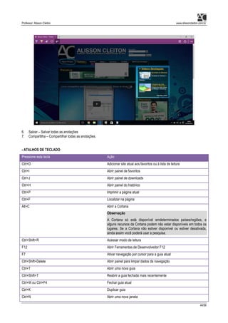 Professor: Alisson Cleiton www.alissoncleiton.com.br
44/56
6. Salvar – Salvar todas as anotações
7. Compartilha – Compartilhar todas as anotações.
- ATALHOS DE TECLADO
Pressione esta tecla Ação
Ctrl+D Adicionar site atual aos favoritos ou à lista de leitura
Ctrl+I Abrir painel de favoritos
Ctrl+J Abrir painel de downloads
Ctrl+H Abrir painel do histórico
Ctrl+P Imprimir a página atual
Ctrl+F Localizar na página
Alt+C Abrir a Cortana
Observação
A Cortana só está disponível emdeterminados países/regiões, e
alguns recursos da Cortana podem não estar disponíveis em todos os
lugares. Se a Cortana não estiver disponível ou estiver desativada,
ainda assim você poderá usar a pesquisa.
Ctrl+Shift+R Acessar modo de leitura
F12 Abrir Ferramentas de Desenvolvedor F12
F7 Ativar navegação por cursor para a guia atual
Ctrl+Shift+Delete Abrir painel para limpar dados da navegação
Ctrl+T Abrir uma nova guia
Ctrl+Shift+T Reabrir a guia fechada mais recentemente
Ctrl+W ou Ctrl+F4 Fechar guia atual
Ctrl+K Duplicar guia
Ctrl+N Abrir uma nova janela
 