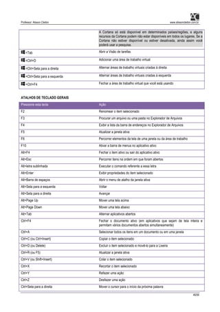 Professor: Alisson Cleiton www.alissoncleiton.com.br
46/56
A Cortana só está disponível em determinados países/regiões, e alguns
recursos da Cortana podem não estar disponíveis em todos os lugares. Se a
Cortana não estiver disponível ou estiver desativada, ainda assim você
poderá usar a pesquisa.
+Tab Abrir a Visão de tarefas
+Ctrl+D Adicionar uma área de trabalho virtual
+Ctrl+Seta para a direita Alternar áreas de trabalho virtuais criadas à direita
+Ctrl+Seta para a esquerda Alternar áreas de trabalho virtuais criadas à esquerda
+Ctrl+F4 Fechar a área de trabalho virtual que você está usando
ATALHOS DE TECLADO GERAIS
Pressione esta tecla Ação
F2 Renomear o item selecionado
F3 Procurar um arquivo ou uma pasta no Explorador de Arquivos
F4 Exibir a lista da barra de endereços no Explorador de Arquivos
F5 Atualizar a janela ativa
F6 Percorrer elementos da tela de uma janela ou da área de trabalho
F10 Ativar a barra de menus no aplicativo ativo
Alt+F4 Fechar o item ativo ou sair do aplicativo ativo
Alt+Esc Percorrer itens na ordem em que foram abertos
Alt+letra sublinhada Executar o comando referente a essa letra
Alt+Enter Exibir propriedades do item selecionado
Alt+Barra de espaços Abrir o menu de atalho da janela ativa
Alt+Seta para a esquerda Voltar
Alt+Seta para a direita Avançar
Alt+Page Up Mover uma tela acima
Alt+Page Down Mover uma tela abaixo
Alt+Tab Alternar aplicativos abertos
Ctrl+F4 Fechar o documento ativo (em aplicativos que sejam de tela inteira e
permitam vários documentos abertos simultaneamente)
Ctrl+A Selecionar todos os itens em um documento ou em uma janela
Ctrl+C (ou Ctrl+Insert) Copiar o item selecionado
Ctrl+D (ou Delete) Excluir o item selecionado e movê-lo para a Lixeira
Ctrl+R (ou F5) Atualizar a janela ativa
Ctrl+V (ou Shift+Insert) Colar o item selecionado
Ctrl+X Recortar o item selecionado
Ctrl+Y Refazer uma ação
Ctrl+Z Desfazer uma ação
Ctrl+Seta para a direita Mover o cursor para o início da próxima palavra
 