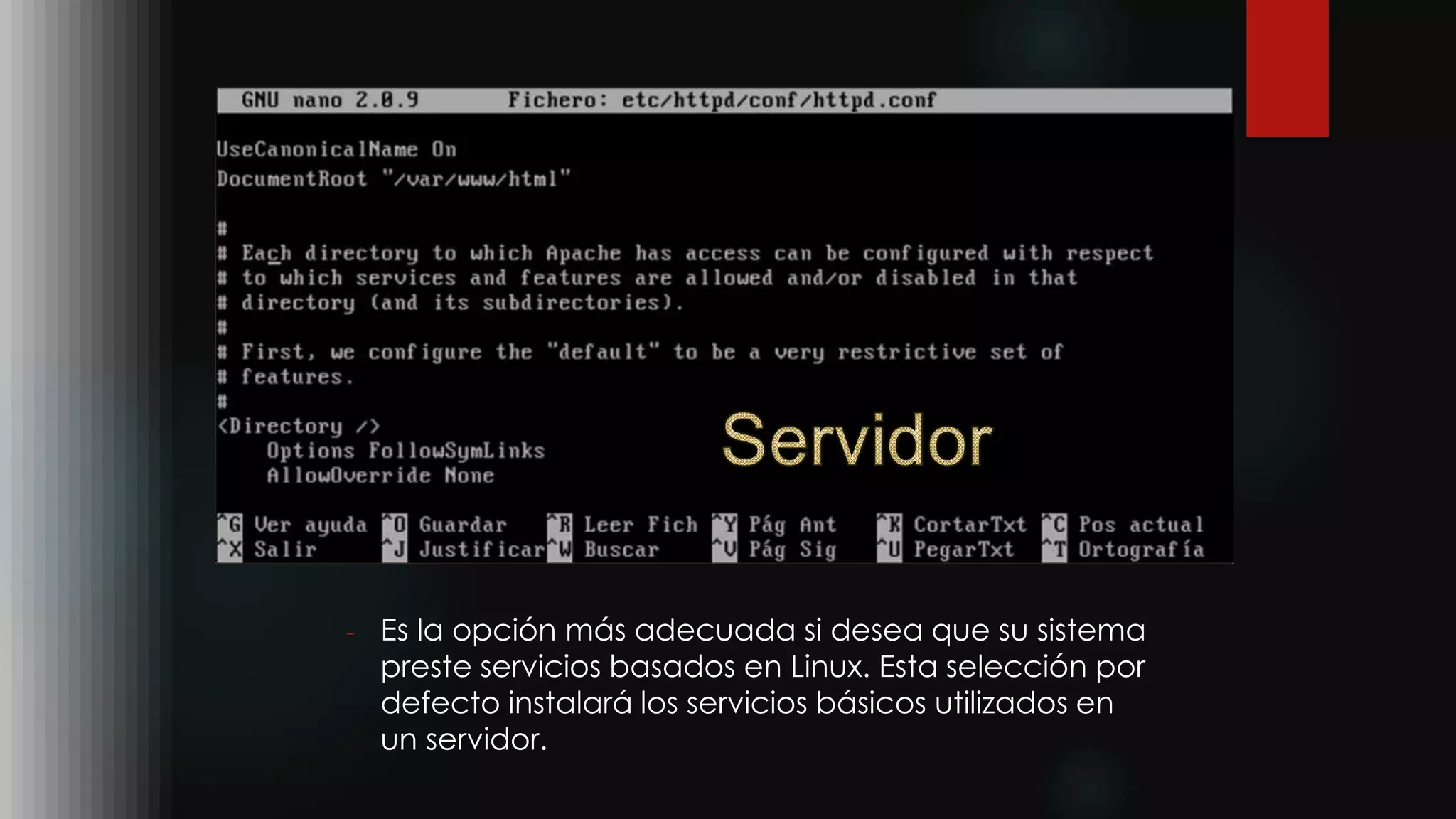 - Es la opción más adecuada si desea que su sistema
preste servicios basados en Linux. Esta selección por
defecto instalará los servicios básicos utilizados en
un servidor.
 