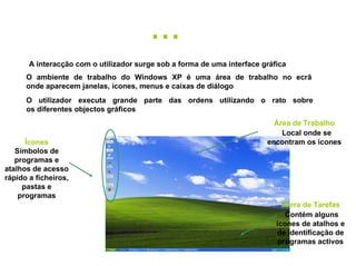 Área de Trabalho Local onde se encontram os ícones Barra de Tarefas Contém alguns ícones de atalhos e de identificação de programas activos Ícones Símbolos de programas e atalhos de acesso rápido a ficheiros, pastas e programas O utilizador executa grande parte das ordens utilizando o rato sobre  os diferentes objectos gráficos O ambiente de trabalho do Windows XP é uma área de trabalho no ecrã  onde aparecem janelas, ícones, menus e caixas de diálogo A interacção com o utilizador surge sob a forma de uma interface gráfica … 