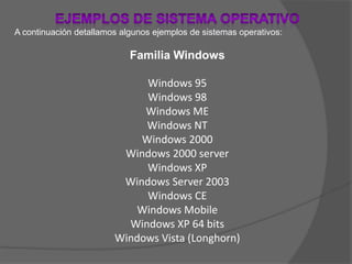 Ejemplos de Sistema OperativoA continuación detallamos algunos ejemplos de sistemas operativos:Familia Windows Windows 95Windows 98Windows MEWindows NTWindows 2000Windows 2000 serverWindows XPWindows Server 2003Windows CEWindows MobileWindows XP 64 bitsWindows Vista (Longhorn) 