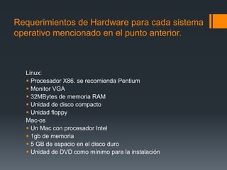 Requerimientos de Hardware para cada sistema
operativo mencionado en el punto anterior.



  Linux:
   Procesador X86. se recomienda Pentium
   Monitor VGA
   32MBytes de memoria RAM
   Unidad de disco compacto
   Unidad floppy
  Mac-os
   Un Mac con procesador Intel
   1gb de memoria
   5 GB de espacio en el disco duro
   Unidad de DVD como mínimo para la instalación
 