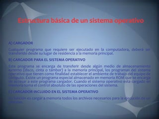 Estructura básica de un sistema operativo


A) CARGADOR
Cualquier programa que requiere ser ejecutado en la computadora, deberá ser
transferido desde su lugar de residencia a la memoria principal.
B) CARGADOR PARA EL SISTEMA OPERATIVO
Este programa se encarga de transferir desde algún medio de almacenamiento
externo (disco, cinta o tambor) a la memoria principal, los programas del sistema
operativo que tienen como finalidad establecer el ambiente de trabajo del equipo de
cómputo. Existe un programa especial almacenado en memoria ROM que se encarga
de accesar a este programa cargador. Cuando el sistema operativo esta cargado en
memoria toma el control absoluto de las operaciones del sistema.
C) CARGADOR INCLUIDO EN EL SISTEMA OPERATIVO
Su función es cargar a memoria todos los archivos necesarios para la ejecución de un
proceso.
 