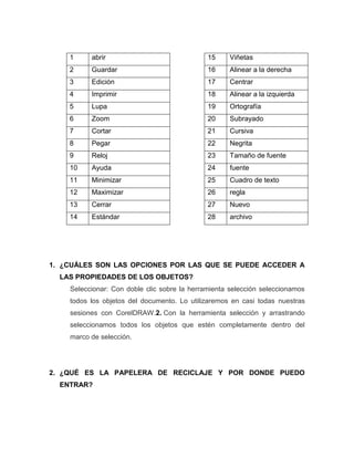 1     abrir                               15     Viñetas
    2     Guardar                             16     Alinear a la derecha
    3     Edición                             17     Centrar
    4     Imprimir                            18     Alinear a la izquierda
    5     Lupa                                19     Ortografía
    6     Zoom                                20     Subrayado
    7     Cortar                              21     Cursiva
    8     Pegar                               22     Negrita
    9     Reloj                               23     Tamaño de fuente
    10    Ayuda                               24     fuente
    11    Minimizar                           25     Cuadro de texto
    12    Maximizar                           26     regla
    13    Cerrar                              27     Nuevo
    14    Estándar                            28     archivo




1. ¿CUÁLES SON LAS OPCIONES POR LAS QUE SE PUEDE ACCEDER A
  LAS PROPIEDADES DE LOS OBJETOS?
    Seleccionar: Con doble clic sobre la herramienta selección seleccionamos
    todos los objetos del documento. Lo utilizaremos en casi todas nuestras
    sesiones con CorelDRAW.2. Con la herramienta selección y arrastrando
    seleccionamos todos los objetos que estén completamente dentro del
    marco de selección.




2. ¿QUÉ ES LA PAPELERA DE RECICLAJE Y POR DONDE PUEDO
  ENTRAR?
 