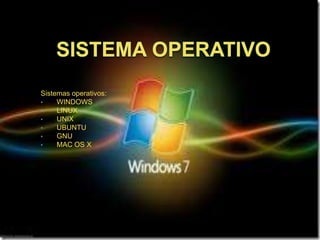 Sistemas operativos:
•    WINDOWS
•    LINUX
•    UNIX
•    UBUNTU
•    GNU
•    MAC OS X
 