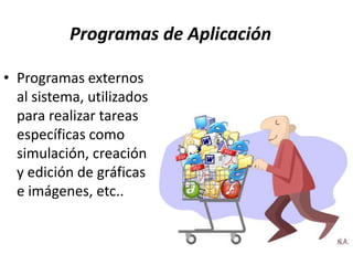 Programas de Aplicación

• Programas externos
  al sistema, utilizados
  para realizar tareas
  específicas como
  simulación, creación
  y edición de gráficas
  e imágenes, etc..
 
