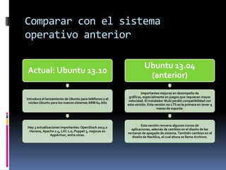 Comparar con el sistema
operativo anterior
Actual: Ubuntu 13.10

Ubuntu 13.04
(anterior)

Introduce el lanzamiento de Ubuntu para teléfonos y el
núcleo Ubuntu para los nuevos sistemas ARM 64-bits

Importantes mejoras en desempeño de
gráficos, especialmente en juegos que requieran mayor
velocidad. El instalador Wubi perdió compatibilidad con
esta versión. Esta versión no-LTS es la primera en tener 9
meses de soporte.

Hay 3 actualizaciones importantes: OpenStack 2013.2
Havana, Apache 2.4, LXC 1.0, Puppet 3, mejoras en
AppArmor, entre otras.

Esta versión renueva algunos iconos de
aplicaciones, además de cambios en el diseño de las
ventanas de apagado de sistema. También cambios en el
diseño de Nautilus, el cual ahora se llama Archivos.

 