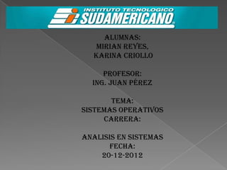 ALUMNAS:
MIRIAN REYES,
KARINA CRIOLLO
PROFESOR:
Ing. Juan Pérez
TEMA:
SISTEMAS OPERATIVOS
CARRERA:
ANALISIS EN SISTEMAS
FECHA:
20-12-2012

 