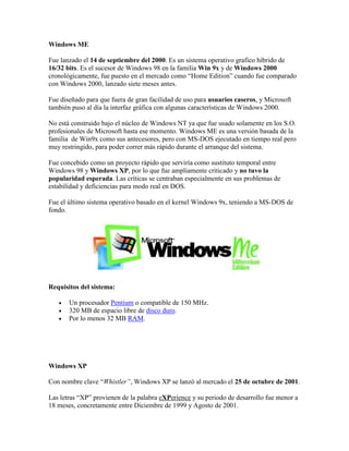 Windows ME
Fue lanzado el 14 de septiembre del 2000. Es un sistema operativo grafico hibrido de
16/32 bits. Es el sucesor de Windows 98 en la familia Win 9x y de Windows 2000
cronológicamente, fue puesto en el mercado como “Home Edition” cuando fue comparado
con Windows 2000, lanzado siete meses antes.
Fue diseñado para que fuera de gran facilidad de uso para usuarios caseros, y Microsoft
también puso al día la interfaz gráfica con algunas características de Windows 2000.
No está construido bajo el núcleo de Windows NT ya que fue usado solamente en los S.O.
profesionales de Microsoft hasta ese momento. Windows ME es una versión basada de la
familia de Win9x como sus antecesores, pero con MS-DOS ejecutado en tiempo real pero
muy restringido, para poder correr más rápido durante el arranque del sistema.
Fue concebido como un proyecto rápido que serviría como sustituto temporal entre
Windows 98 y Windows XP, por lo que fue ampliamente criticado y no tuvo la
popularidad esperada. Las críticas se centraban especialmente en sus problemas de
estabilidad y deficiencias para modo real en DOS.
Fue el último sistema operativo basado en el kernel Windows 9x, teniendo a MS-DOS de
fondo.

Requisitos del sistema:




Un procesador Pentium o compatible de 150 MHz.
320 MB de espacio libre de disco duro.
Por lo menos 32 MB RAM.

Windows XP
Con nombre clave “Whistler”, Windows XP se lanzó al mercado el 25 de octubre de 2001.
Las letras “XP” provienen de la palabra eXPerience y su periodo de desarrollo fue menor a
18 meses, concretamente entre Diciembre de 1999 y Agosto de 2001.

 