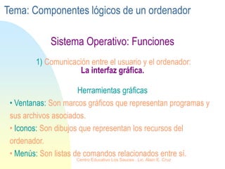 Sistema Operativo: Funciones
1) Comunicación entre el usuario y el ordenador:
La interfaz gráfica.
Herramientas gráficas
• Ventanas: Son marcos gráficos que representan programas y
sus archivos asociados.
• Iconos: Son dibujos que representan los recursos del
ordenador.
• Menús: Son listas de comandos relacionados entre sí.
Tema: Componentes lógicos de un ordenador
Centro Educativo Los Sauces . Lic. Alain E. Cruz
 