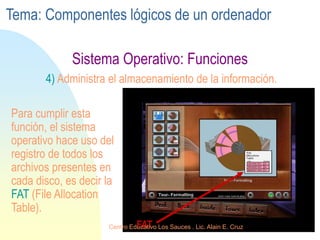 Sistema Operativo: Funciones
4) Administra el almacenamiento de la información.
Para cumplir esta
función, el sistema
operativo hace uso del
registro de todos los
archivos presentes en
cada disco, es decir la
FAT (File Allocation
Table).
FAT
Tema: Componentes lógicos de un ordenador
Centro Educativo Los Sauces . Lic. Alain E. Cruz
 
