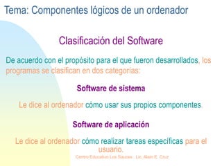 Software de aplicación
Le dice al ordenador cómo realizar tareas específicas para el
usuario.
Clasificación del Software
Software de sistema
Le dice al ordenador cómo usar sus propios componentes.
De acuerdo con el propósito para el que fueron desarrollados, los
programas se clasifican en dos categorías:
Tema: Componentes lógicos de un ordenador
Centro Educativo Los Sauces . Lic. Alain E. Cruz
 