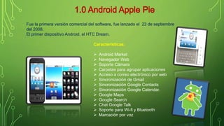 Fue la primera versión comercial del software, fue lanzado el 23 de septiembre 
del 2008. 
El primer dispositivo Android, el HTC Dream. 
Características: 
 Android Market 
 Navegador Web 
 Soporte Cámara 
 Carpetas para agrupar aplicaciones 
 Acceso a correo electrónico por web 
 Sincronización de Gmail 
 Sincronización Google Contacts 
 Sincronización Google Calendar. 
 Google Maps 
 Google Search 
 Chat Google Talk 
 Soporte para Wi-fi y Bluetooth 
 Marcación por voz 
 
