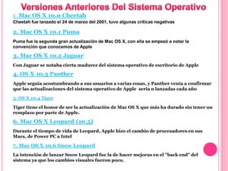 1. Mac OS X 10.0 Cheetah
Cheetah fue lanzado el 24 de marzo del 2001, tuvo algunas criticas negativas
2. Mac OS X 10.1 Puma
Puma fue la segunda gran actualización de Mac OS X, con ella se empezó a notar la
convención que conocemos de Apple
3. Mac OS X 10.2 Jaguar
Con Jaguar se notaba cierta madurez del sistema operativo de escritorio de Apple
4. OS X 10.3 Panther
Apple seguía acostumbrando a sus usuarios a varias cosas, y Panther venía a confirmar
que las actualizaciones del sistema operativo de Apple seria n lanzadas cada año
5. OS X 10.4 Tiger
Tiger tiene el honor de ser la actualización de Mac OS X que más ha durado sin tener un
remplazo por parte de Apple.
6. Mac OS X Leopard (10.5)
Durante el tiempo de vida de Leopard, Apple hizo el cambio de procesadores en sus
Macs, de Power PC a Intel
7. Mac OS X 10.6 Snow Leopard
La intención de lanzar Snow Leopard fue la de hacer mejoras en el "back end" del
sistema ya que los cambios visuales fueron poco.ema, ya que los cambios visuales
fueron pocos.
 