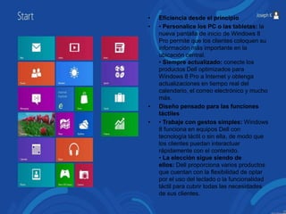 • Eficiencia desde el principio 
• • Personalice los PC o las tabletas: la 
nueva pantalla de inicio de Windows 8 
Pro permite que los clientes coloquen su 
información más importante en la 
ubicación central. 
• Siempre actualizado: conecte los 
productos Dell optimizados para 
Windows 8 Pro a Internet y obtenga 
actualizaciones en tiempo real del 
calendario, el correo electrónico y mucho 
más. 
• Diseño pensado para las funciones 
táctiles 
• • Trabaje con gestos simples: Windows 
8 funciona en equipos Dell con 
tecnología táctil o sin ella, de modo que 
los clientes puedan interactuar 
rápidamente con el contenido. 
• La elección sigue siendo de 
ellos: Dell proporciona varios productos 
que cuentan con la flexibilidad de optar 
por el uso del teclado o la funcionalidad 
táctil para cubrir todas las necesidades 
de sus clientes. 
 