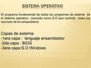SISTEMA OPERATIVO
El programa fundamental de todos los programas de sistema es
el sistema operativo conocido como S.O que controla todos los
recursos de la computadora.
Capas de sistema:
-1era capa : lenguaje ensamblador
-2da capa : BIOS
-3era capa:S.O Windows
 