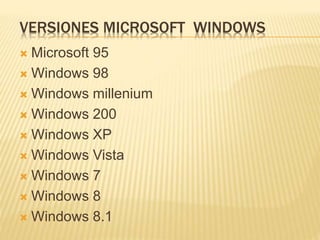 VERSIONES MICROSOFT WINDOWS
 Microsoft 95
 Windows 98
 Windows millenium
 Windows 200
 Windows XP
 Windows Vista
 Windows 7
 Windows 8
 Windows 8.1
 