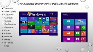 • 3D Builder
• Alarma y reloj
• Calculadora
• Calendario
• Cámara
• Configuración
• Contactos
• Correo
• Cortana
• Deportes
• Dinero
• El Tiempo
• Fotos
 