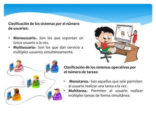 • Monousuario.- Son los que soportan un
único usuario a la vez.
• Multiusuario.- Son los que dan servicio a
múltiples usuarios simultáneamente.
• Monotarea.- Son aquellos que solo permiten
al usuario realizar una tarea a la vez.
• Multitarea.- Permiten al usuario realizar
múltiples tareas de forma simultánea.
Clasificación de los sistemas por el número
de usuarios:
Clasificación de los sistemas operativos por
el número de tareas:
 