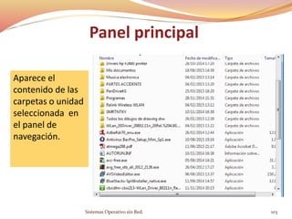 Panel principal
Aparece el
contenido de las
carpetas o unidad
seleccionada en
el panel de
navegación.
Sistemas Operativo sin Red. 103
 