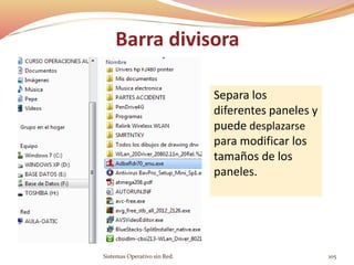 Barra divisora
Separa los
diferentes paneles y
puede desplazarse
para modificar los
tamaños de los
paneles.
Sistemas Operativo sin Red. 105
 