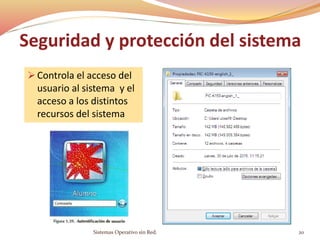 Seguridad y protección del sistema
 Controla el acceso del
usuario al sistema y el
acceso a los distintos
recursos del sistema
Sistemas Operativo sin Red. 20
 