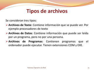 Tipos de archivos
Se consideran tres tipos:
 Archivos de Texto: Contiene información que se puede ver. Por
ejemplo procesadores de texto
 Archivos de Datos: Contiene información que puede ser leída
por un programa, pero no por una persona.
 Archivos de Programas: Contienen programas que el
ordenador puede ejecutar. Tienen extensiones COM y EXE.
Sistemas Operativo sin Red. 25
 