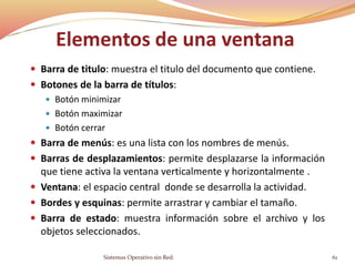 Elementos de una ventana
 Barra de titulo: muestra el titulo del documento que contiene.
 Botones de la barra de títulos:
 Botón minimizar
 Botón maximizar
 Botón cerrar
 Barra de menús: es una lista con los nombres de menús.
 Barras de desplazamientos: permite desplazarse la información
que tiene activa la ventana verticalmente y horizontalmente .
 Ventana: el espacio central donde se desarrolla la actividad.
 Bordes y esquinas: permite arrastrar y cambiar el tamaño.
 Barra de estado: muestra información sobre el archivo y los
objetos seleccionados.
Sistemas Operativo sin Red. 61
 