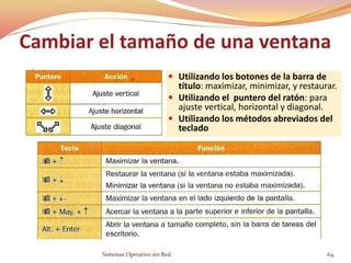 Cambiar el tamaño de una ventana
 Utilizando los botones de la barra de
título: maximizar, minimizar, y restaurar.
 Utilizando el puntero del ratón: para
ajuste vertical, horizontal y diagonal.
 Utilizando los métodos abreviados del
teclado
Sistemas Operativo sin Red. 64
 