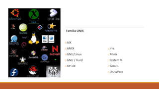 Familia UNIX
oAIX
oAMIX
oGNU/Linux
oGNU / Hurd
oHP-UX
oIrix
oMinix
oSystem V
oSolaris
oUnixWare
 