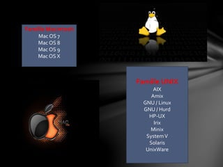 Famille Macintosh 
Mac OS 7 
Mac OS 8 
Mac OS 9 
Mac OS X 
Famille UNIX 
AIX 
Amix 
GNU / Linux 
GNU / Hurd 
HP-UX 
Irix 
Minix 
System V 
Solaris 
UnixWare 

