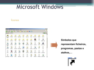 Microsoft WindowsÍconesSímbolos que representam ficheiros, programas, pastas e atalhos,…Os ícones de atalhos são identificados pelo símbolo 
